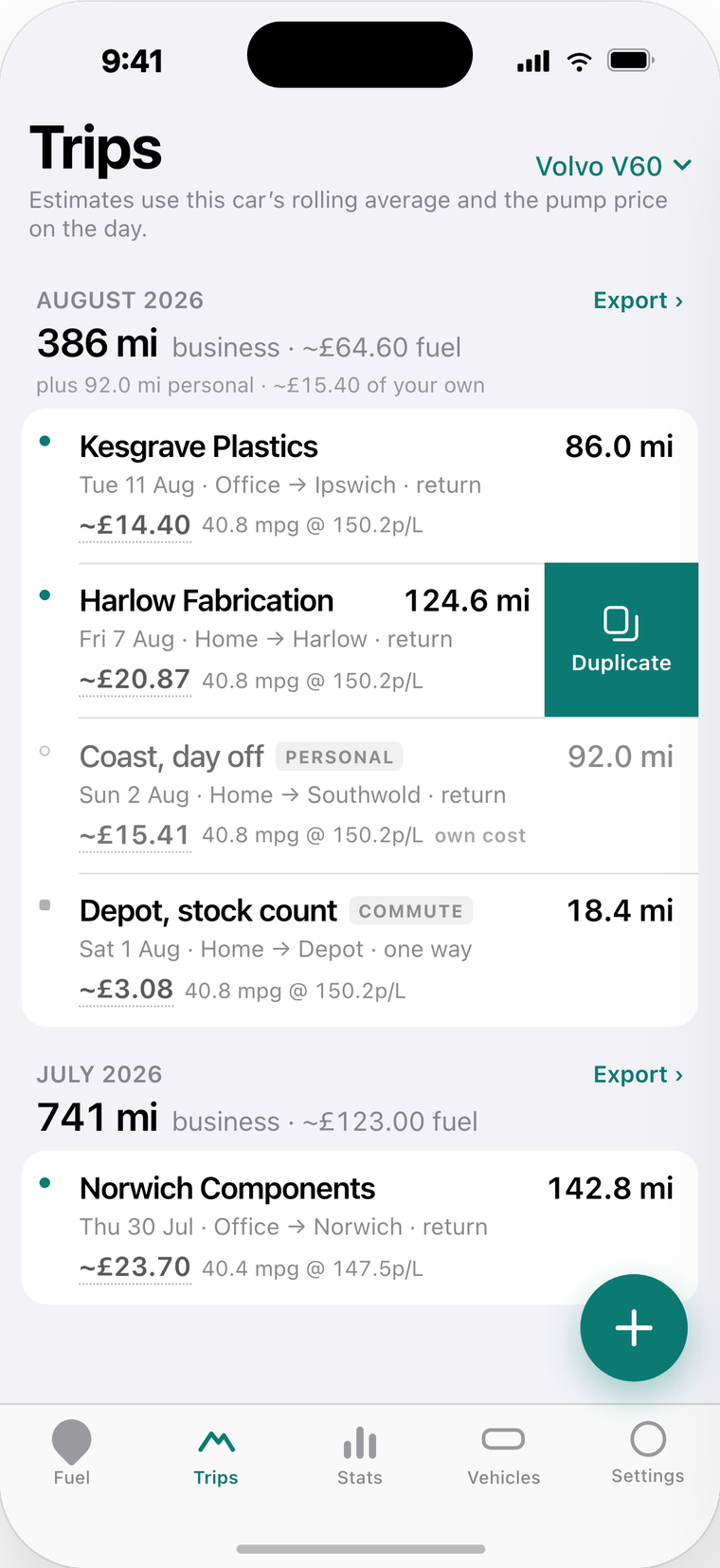 The Trips list showing 386 miles of business travel in August 2026 costing about £64.60 in fuel, with individual journeys and their estimated fuel cost.